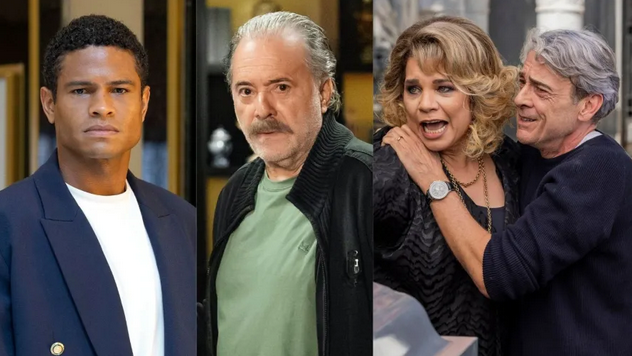 Tiago (Gui Ferraz); Pilar (Isabel Teixeira) e Ulisses (Alexandre Borges); e Otoniel (Tony Ramos) em 'Quem Ama Cuida' (Fotos: Reprodução / Globo)