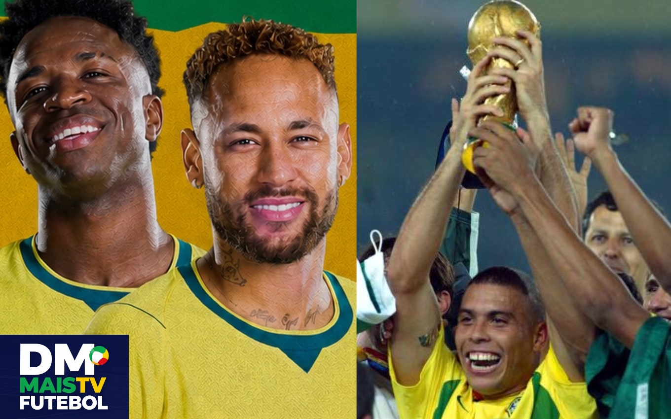 Vini Jr. e Neymar da Seleção Brasileira de 2026; Ronaldo Fenômeno em 2002 (Fotos: Reprodução / Instagram / Montagem DM Mais TV)