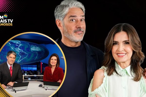 Os jornalistas William Bonner e Fátima Bernarde posam sorridentes, nos bastidores do programa Cá Entre Nós. Na outra imagem, eles apresentavam o Jornal Nacional.