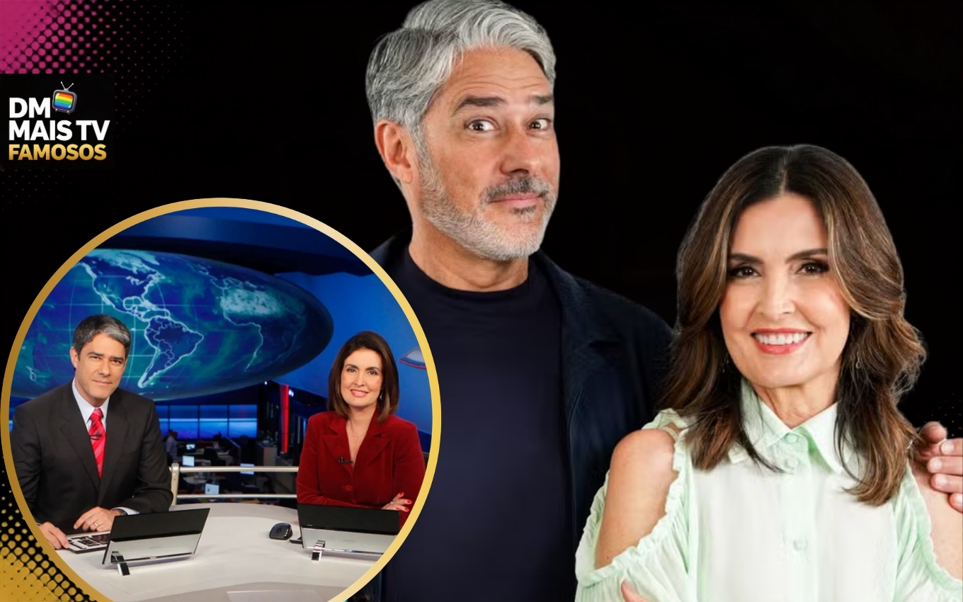 Os jornalistas William Bonner e Fátima Bernarde posam sorridentes, nos bastidores do programa Cá Entre Nós. Na outra imagem, eles apresentavam o Jornal Nacional.