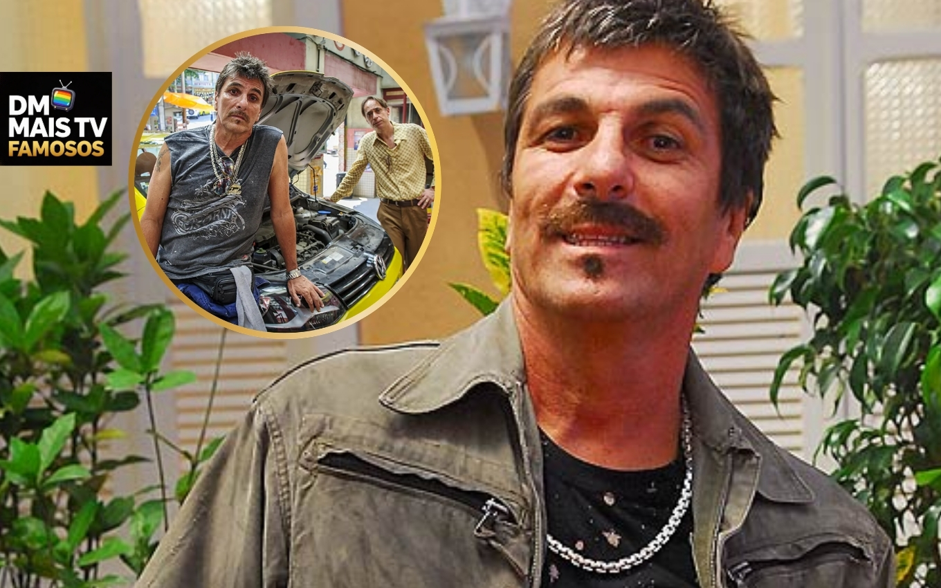 Evandro Mesquita como Paulão de A Grande Família sozinho e em outra imagem ao lado de Agostinho Carrara. Os dois formavam uma dupla de sucesso no seriado da Globo.