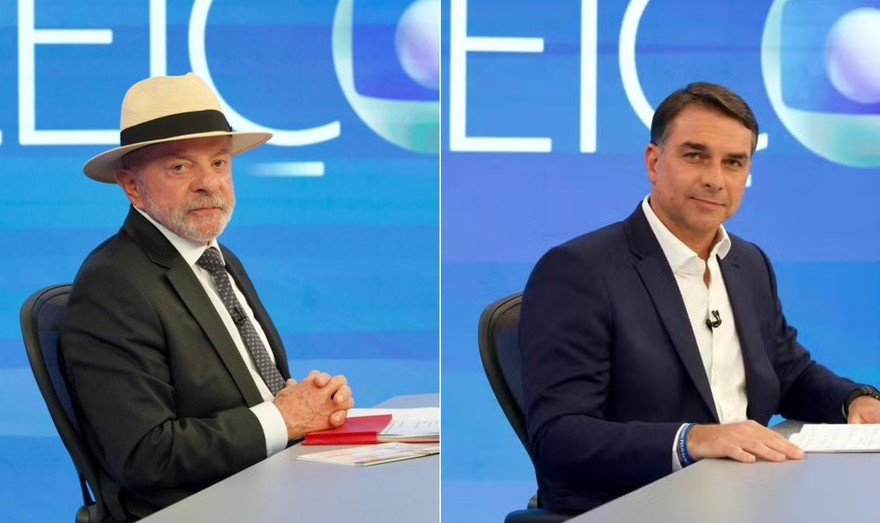 Lula e Flávio Bolsonaro no estúdio usado para as sabatinas com presidenciáveis do Jornal Nacional.